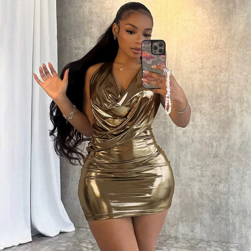 Zara Metallic Shiny Cowl Neck Sleeveless Halter Backless Bodycon Mini Dress